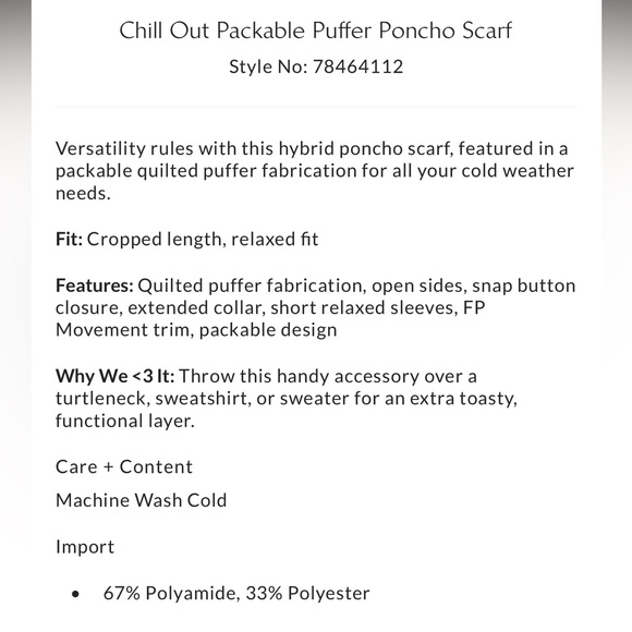 CHILL OUT PACKABLE PUFFER PONCHO SCARF BY FREE PEOPLE - Picture 8 of 8